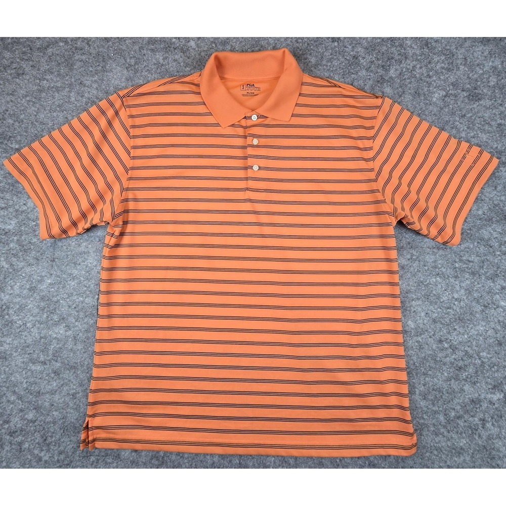PGA Tour Polo Shirt Mens XL Orange Black Striped Golf Performance Short Sleeve - Picture 2 of 10